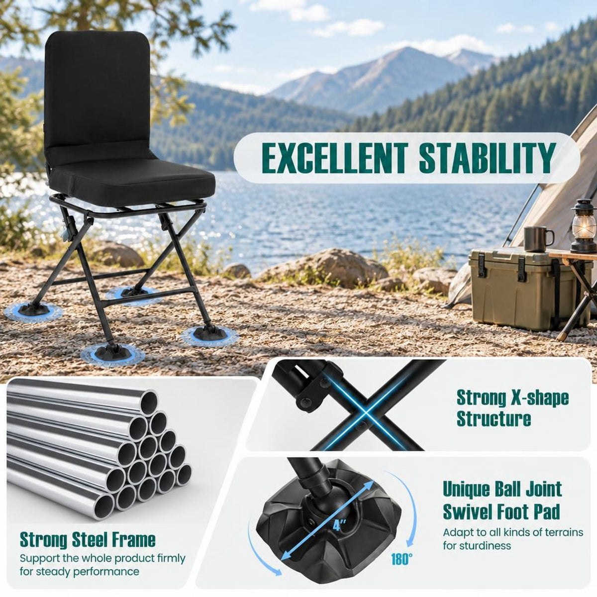Airfind Swivel Folding Chair with Backrest and Padded Cushion, Sponge Steel Oxford Fabric PVC Frame, 19 Inch x 22 Inch x 35 Inch Footprint, Black