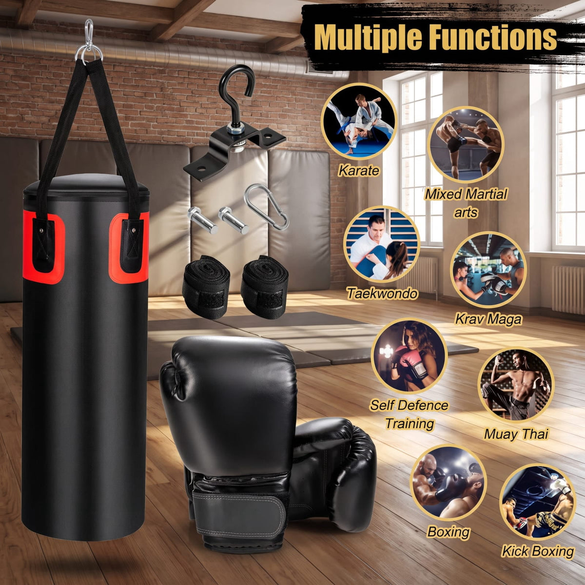 Airfind 56 Pound Filled Hanging Punching Bag Set for Adults with Hand Wraps and Boxing Gloves for Home Boxing Training, Black