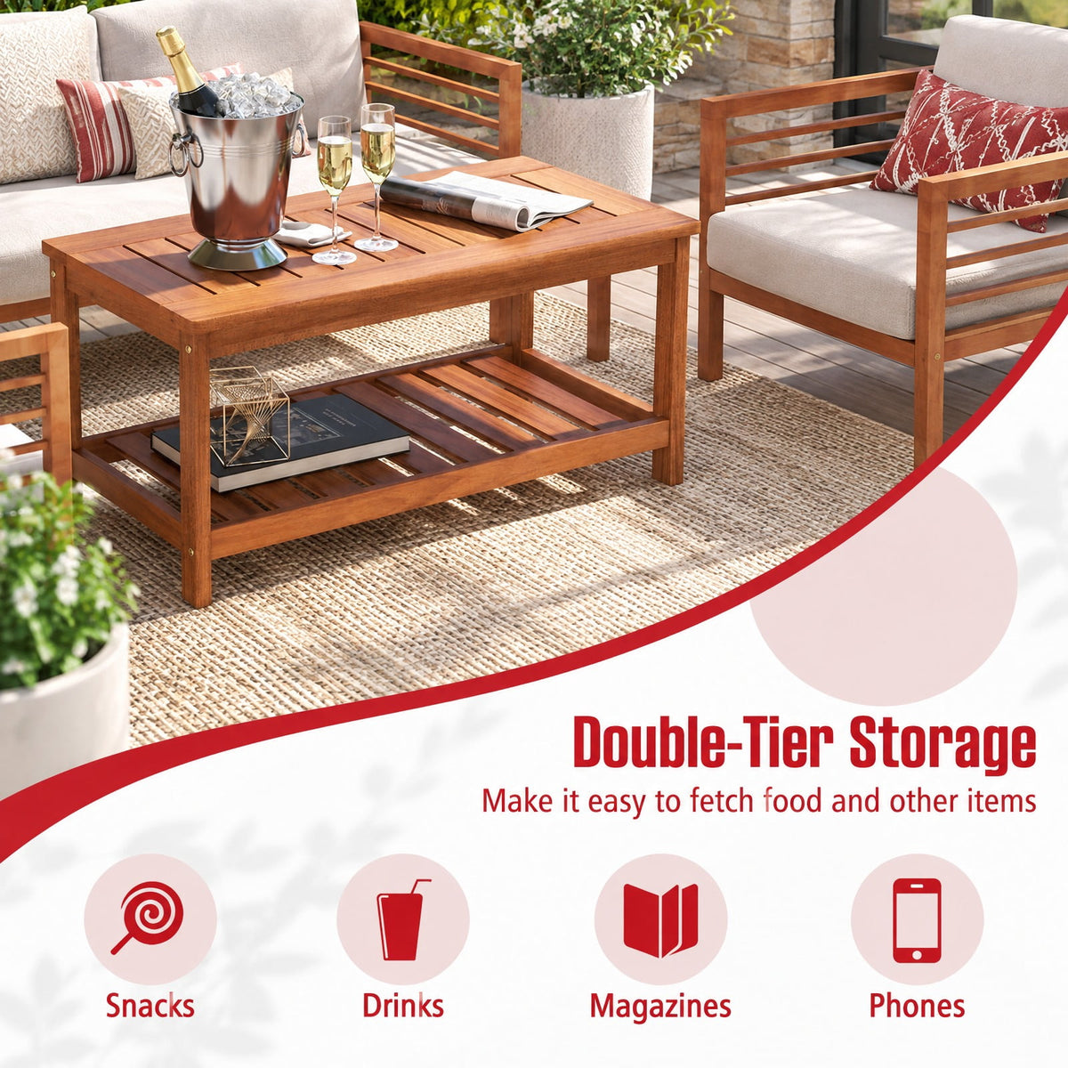 Airfind 2-Tier Patio Coffee Table with Slatted Tabletop and Shelf, 110 lbs Capacity, Hardwood Frame, 35.5 Inch x 18 Inch x 17.5 Inch Footprint, Natural