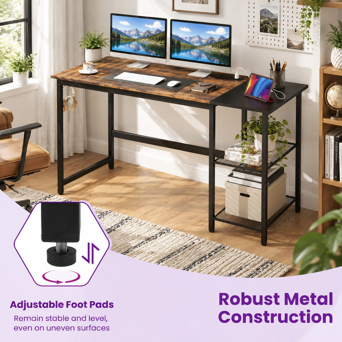 Airfind 59 Inch Home Office Computer Desk with Removable Storage Shelves, 275 lbs Capacity, Metal Engineered Wood Frame, 59 x 24 x 30 Footprint