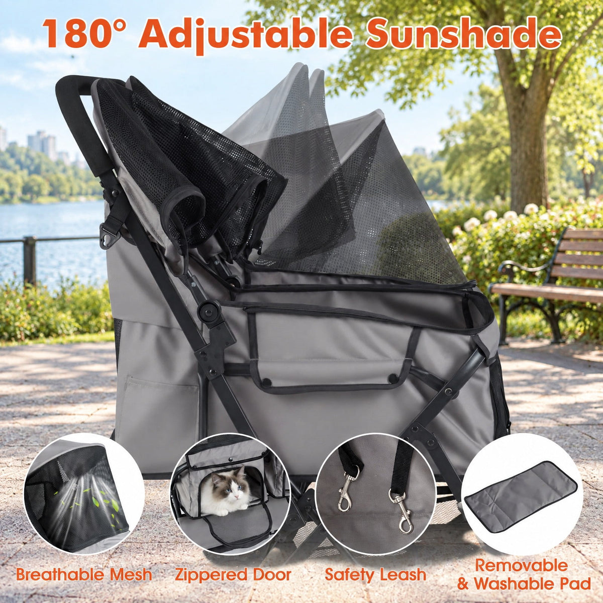 Airfind Foldable Double Pet Stroller with Adjustable Sunshade and Storage Basket, Aluminium Alloy Oxford Fabric PP EVA Frame, Gray