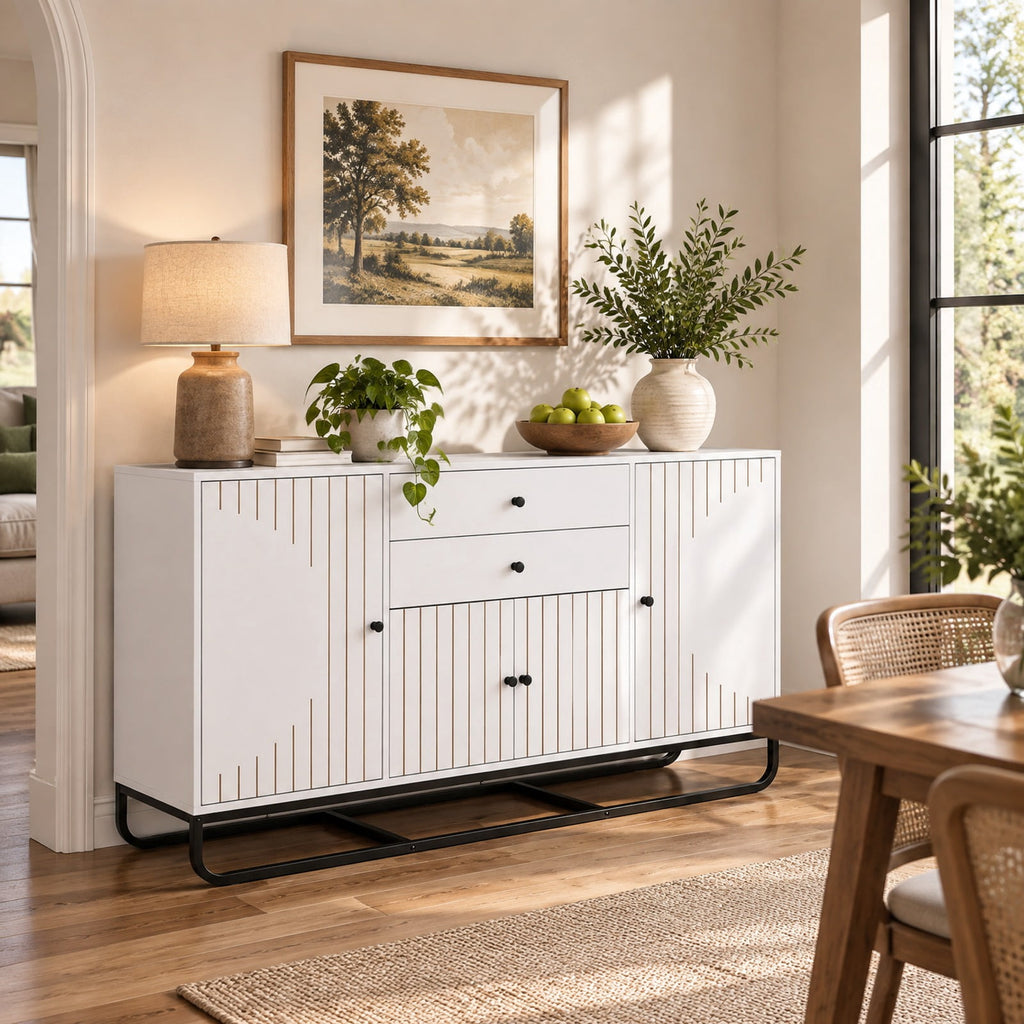 Airfind Modern Buffet Sideboard Cabinet w/ 2 Drawers Adjustable Shelves for Dining Room, 176 lbs Capacity, Engineered Wood Metal Frame, White
