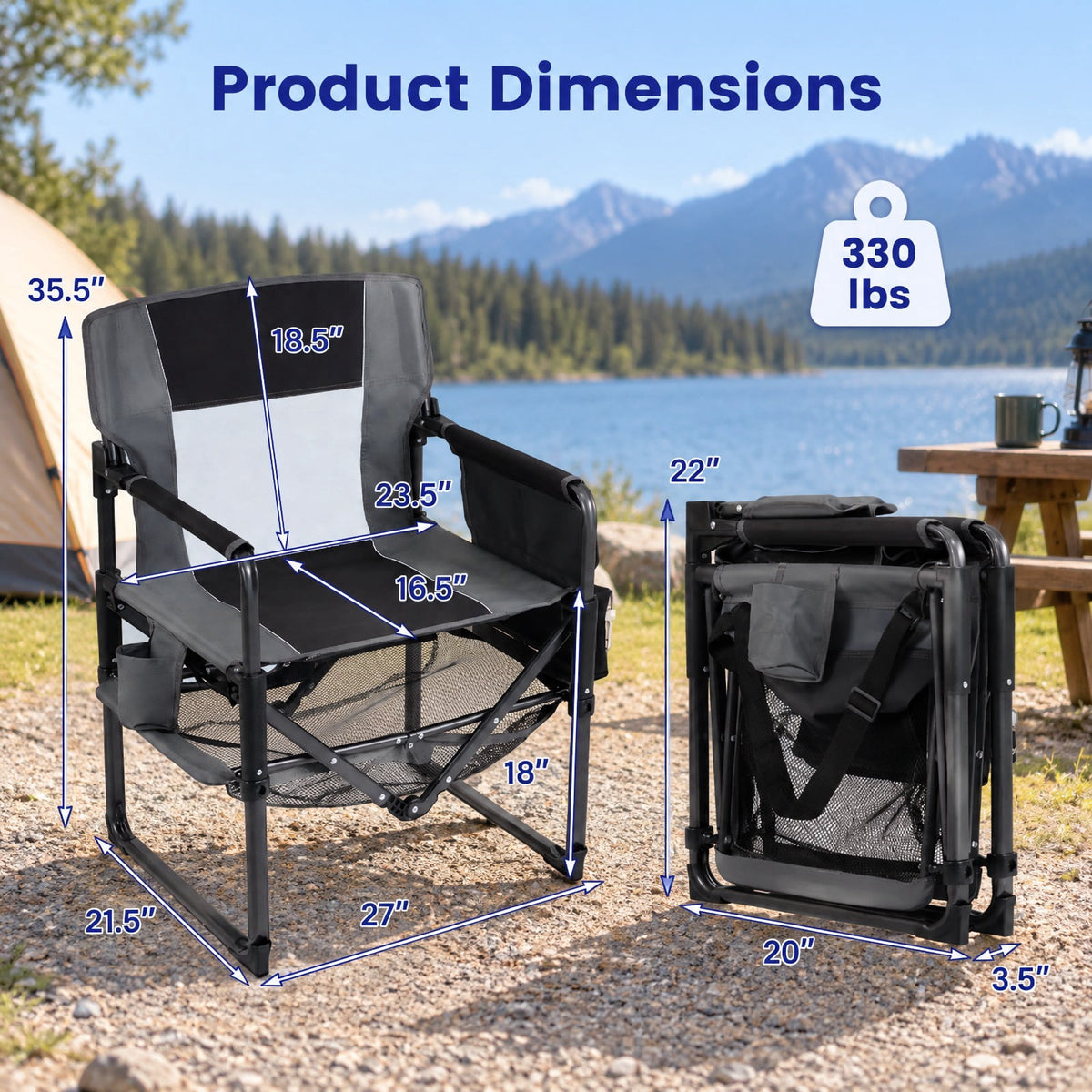 Airfind Heavy Duty Outdoor Camping Chair with Cup Holder and Side Pocket, 330 lbs Capacity, Metal Nylon Mesh PVC Fabric PP Frame, Black