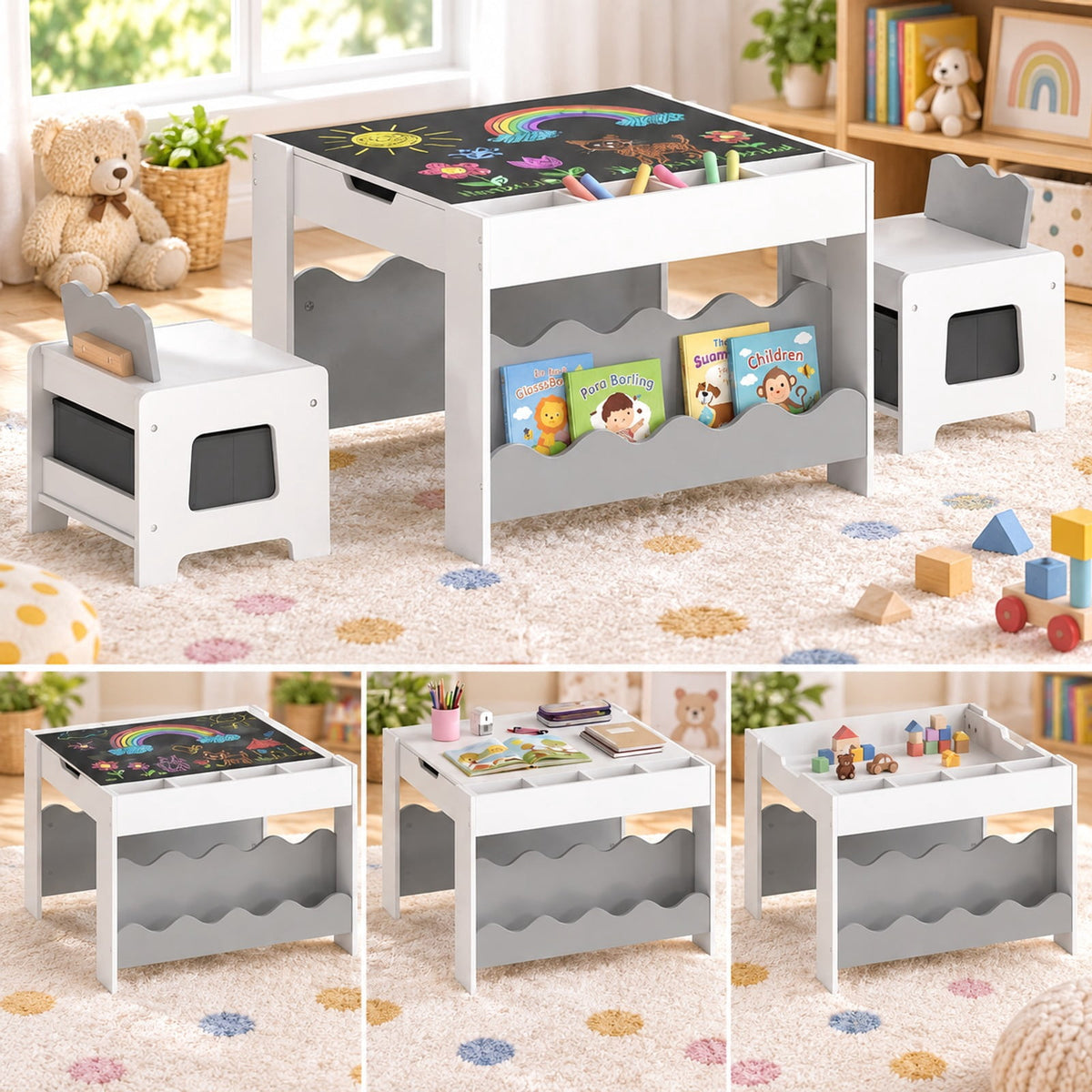 Airfind Multi-purpose Activity Kids Table and Chairs Set with Double-sided Tabletop, 55 lbs Capacity, MDF Frame, 26 Inch x 25 Inch x 19 Inch Footprint, Gray