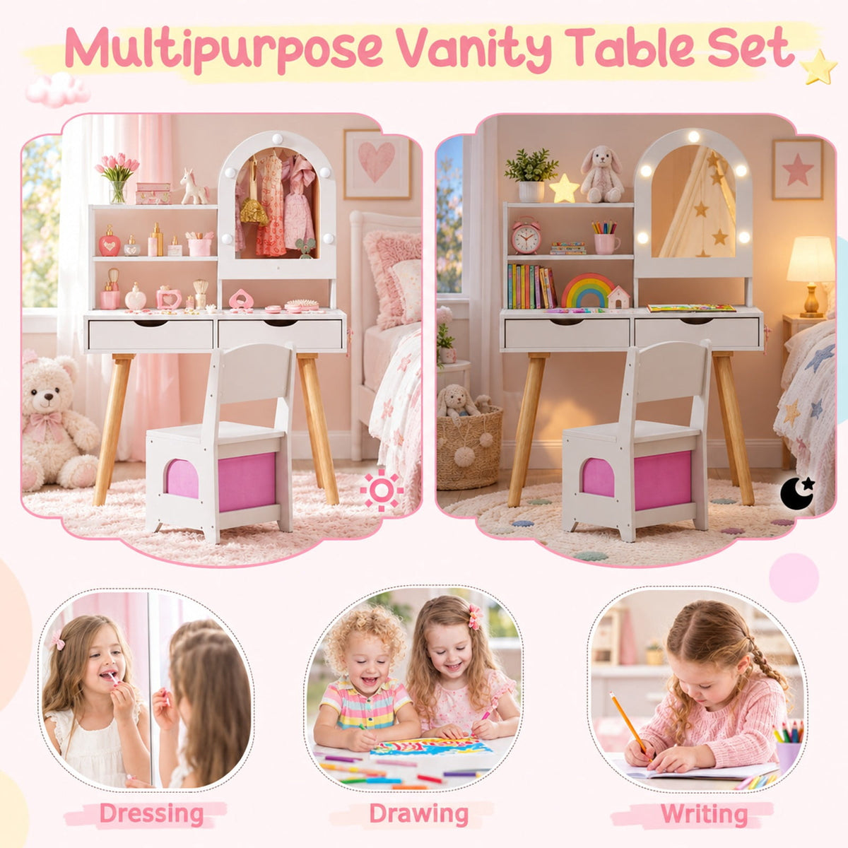 Airfind Kids Vanity Set Pretend Play Dressing Table Set with 3-Color Lighting Modes Adjustable Brightness and Mirror Cabinet, 44 lbs Capacity, White