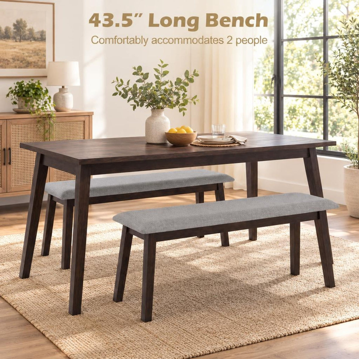 Airfind 43.5 Inch Upholstered Entryway Bench with Rubber Wood Frame, 550 lbs Capacity, Faux Linen Fabric Frame, 43.5 Inch x 14 Inch x 18 Inch Footprint, Grey