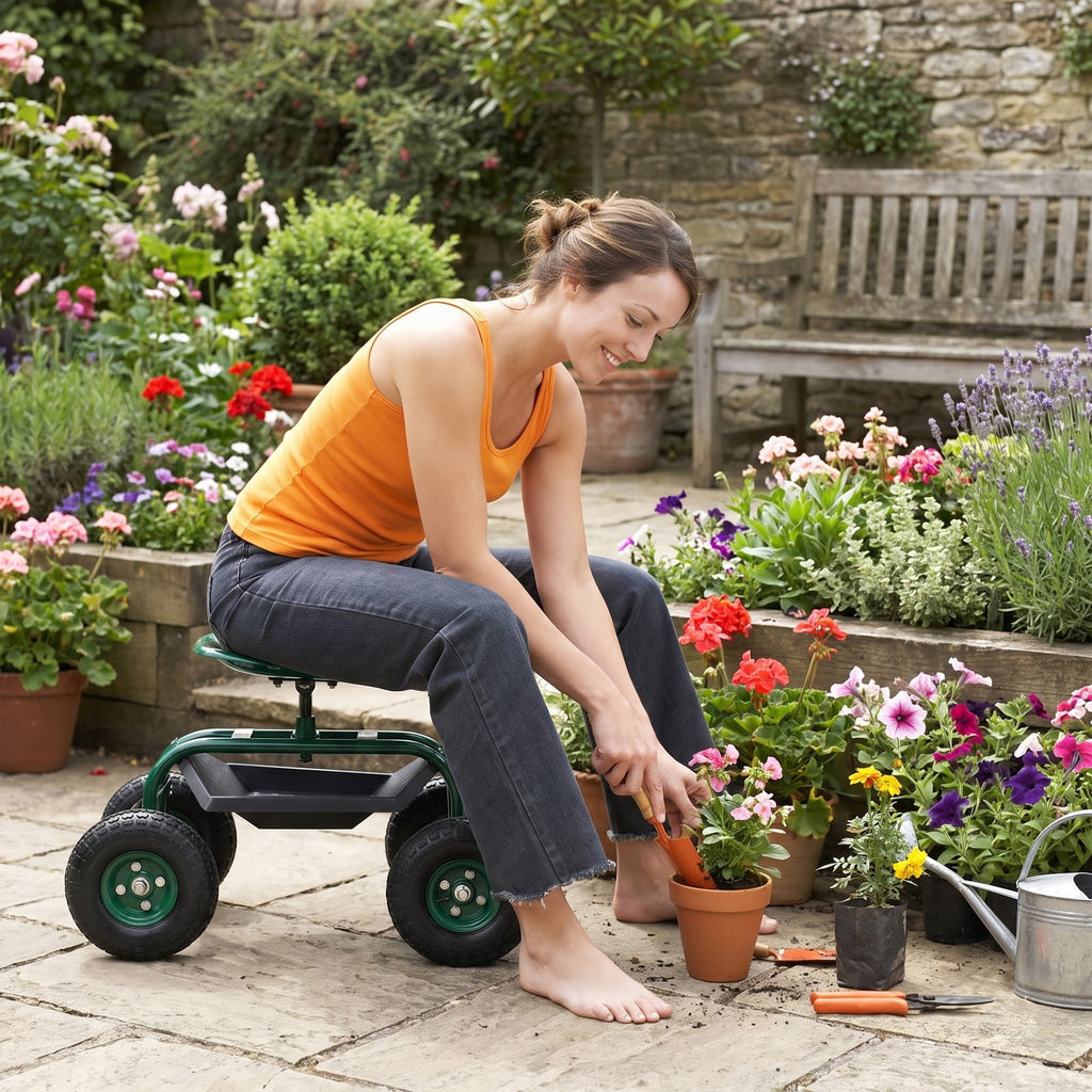 Airfind Heavy Duty Garden Cart with Tool Tray and 360 Swivel Seat, 330 lbs Capacity, Steel Rubber Plastic Frame, 38 x 17 x Footprint, Green