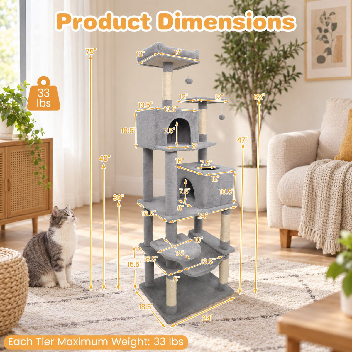 Airfind Multi-level Cat Tree Modern Cat Tower with Upholstered Perch and 2 Cat Condo, 24 x 18.5 Footprint, Gray