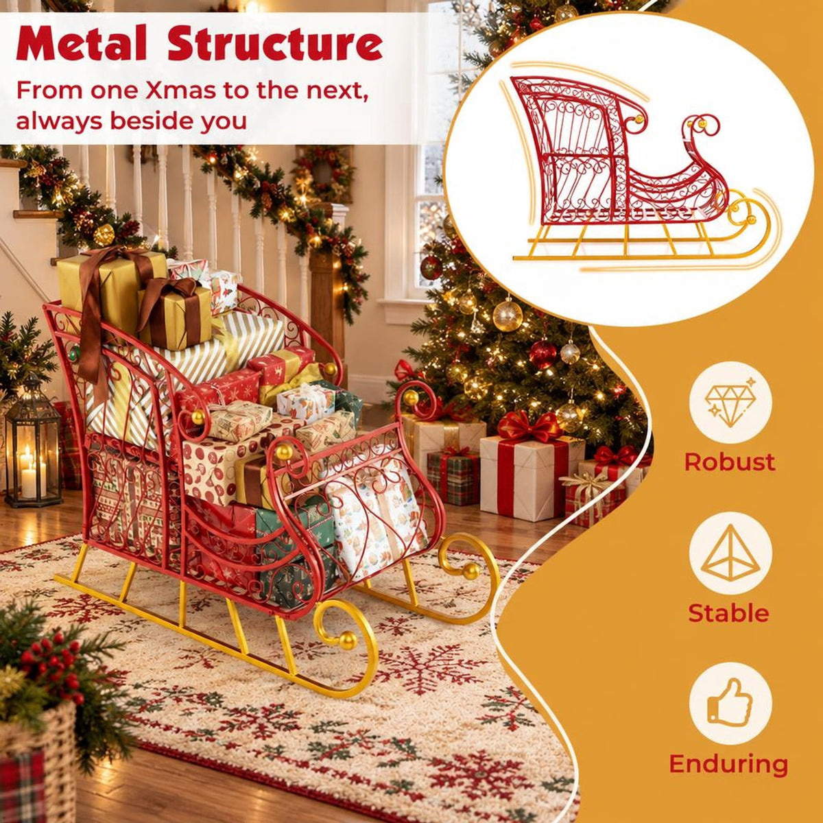 Airfind Metal Christmas Santa Sleigh Basket 2-Tier Xmas Santas Gift Storage Sleigh, 33 Lbs Capacity, Metal, 33.5 Inch X 16.5 Inch X 24.5 Inch, Red