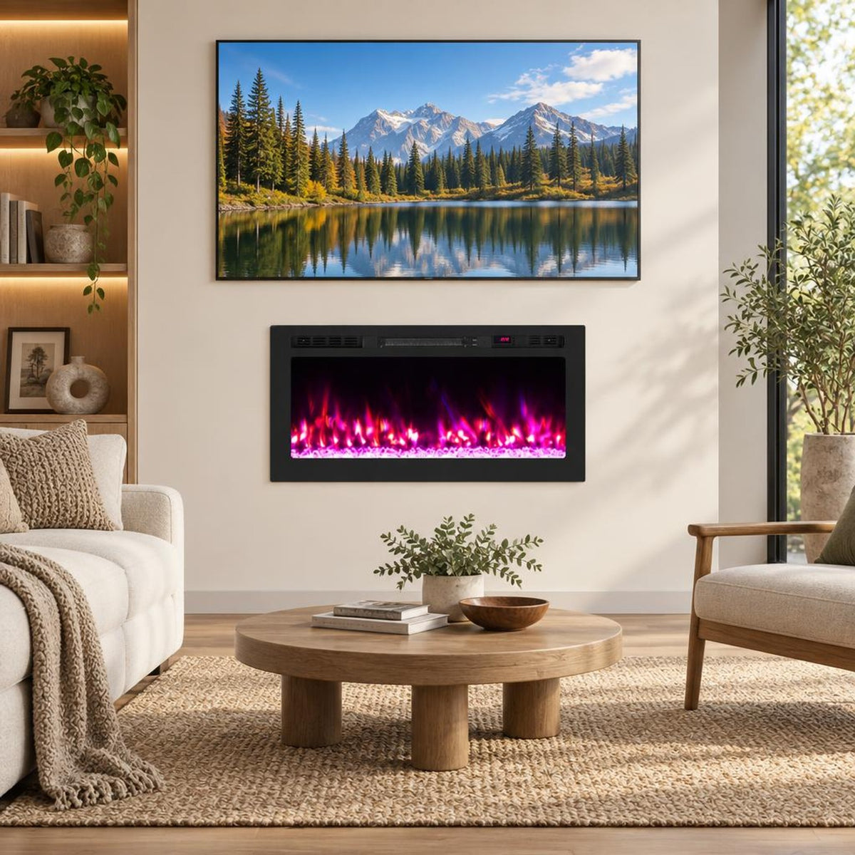 Airfind Smart WiFi Electric Fireplace Wall Mounted and Recessed 750W/1500W Heater-36 Inch, Black, Power Cord 5 ft Net Weight-36in 29.5 lbs