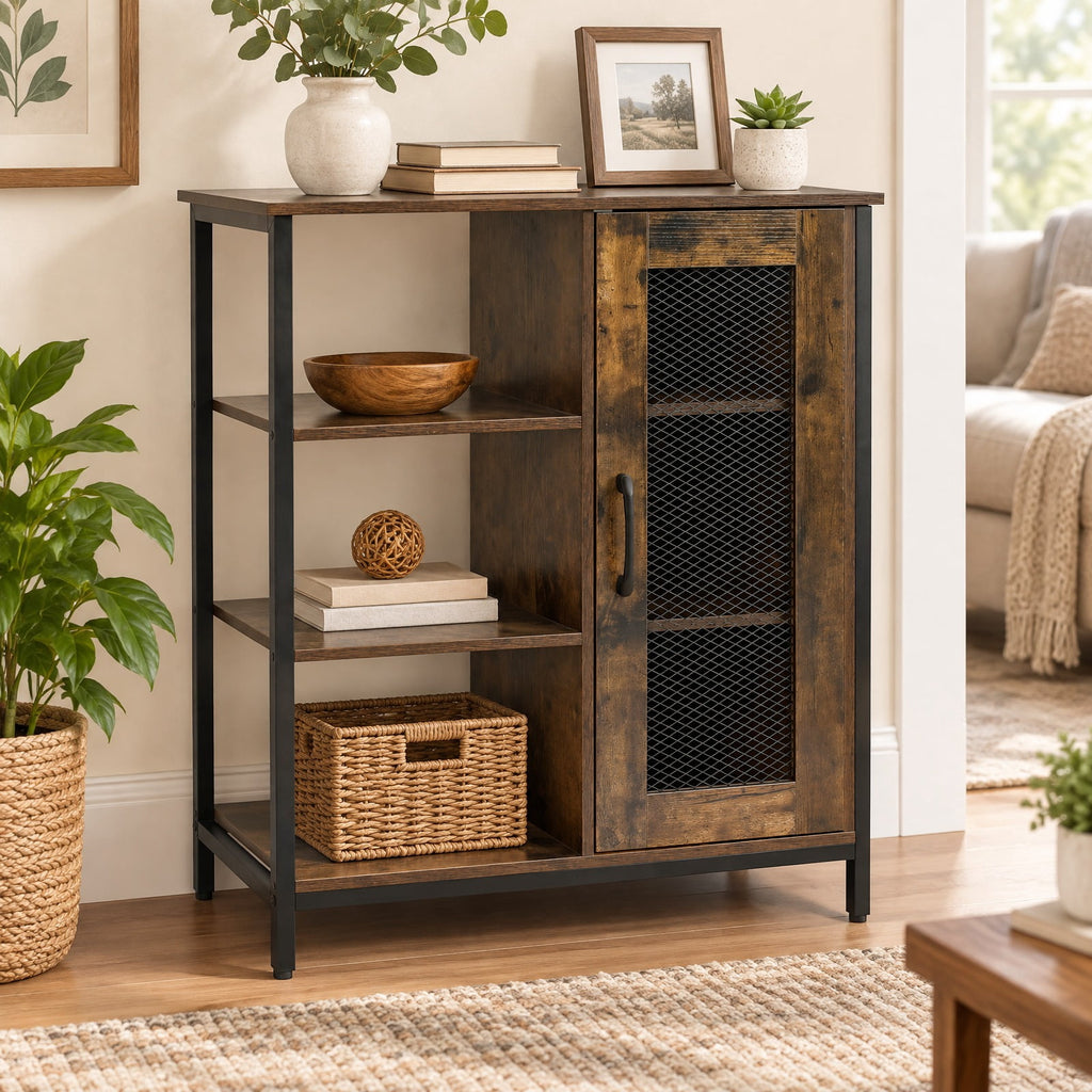 AIRFIND Storage Cabinet with Mesh Door, 3 Open Shelves and 2 Adjustable Interior Shelves, 27.5 in Industrial Buffet Sideboard, Rustic Brown