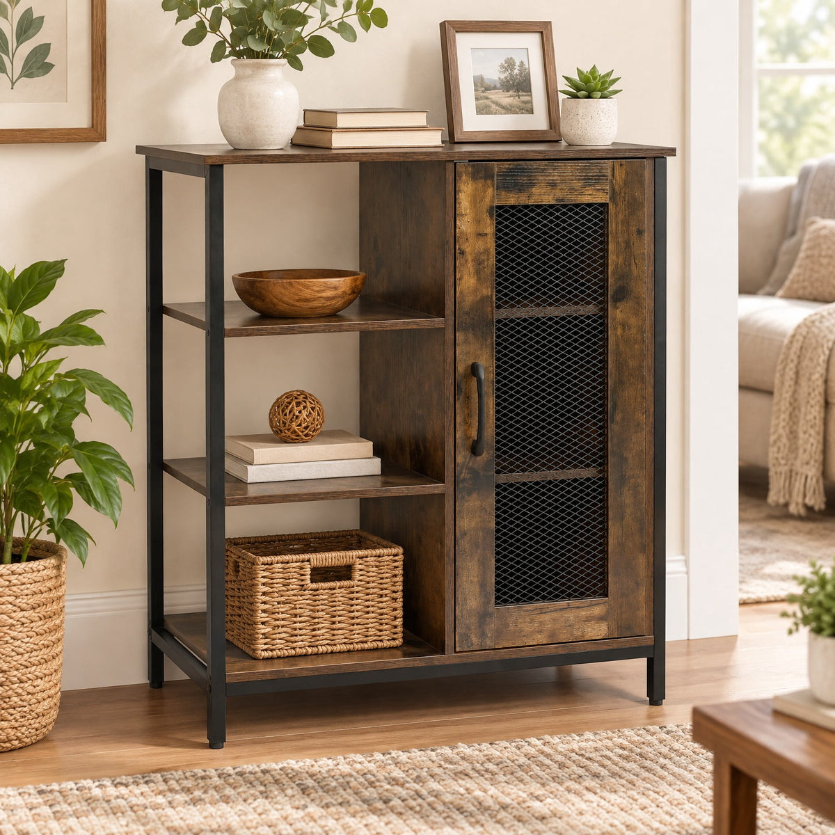 AIRFIND Storage Cabinet with Mesh Door, 3 Open Shelves and 2 Adjustable Interior Shelves, 27.5 in Industrial Buffet Sideboard, Rustic Brown