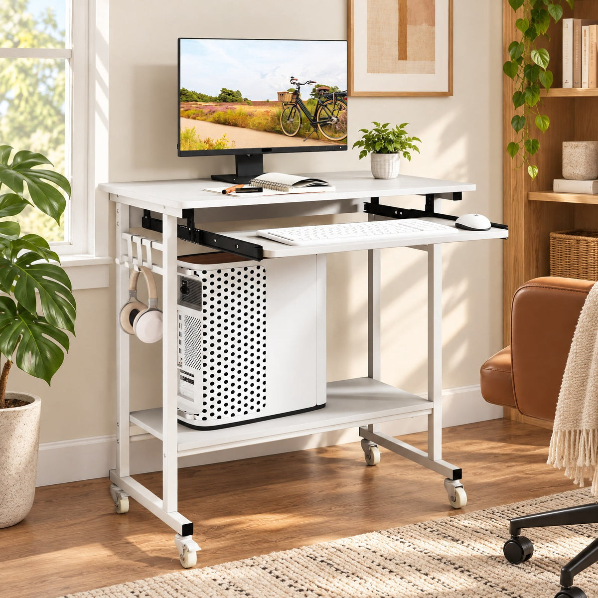 Airfind Rolling Laptop Table with Pull-out Keyboard Tray and Hooks, Engineered Wood Metal Frame, 31.5 x 19.5 x 31 Footprint, White