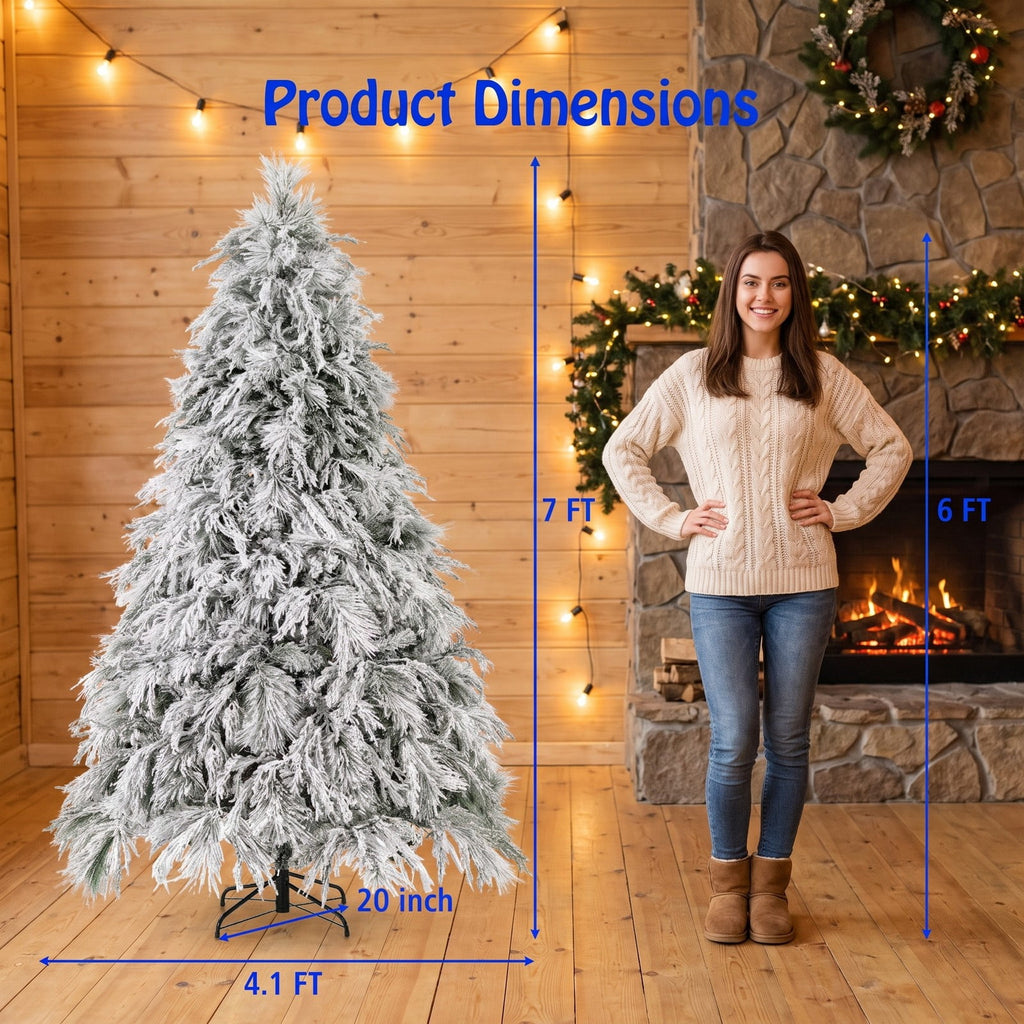 Airfind 7 Feet Pre-Lit Snow Flocked Christmas Tree with Warm White LED Lights-7 ft, White, Diameter of Stand 20/18/16 Inch