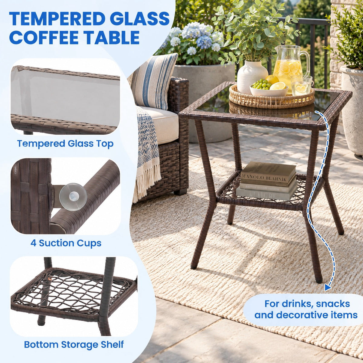 Airfind 3 Pieces Rocking Bistro Set with 2-Tier Coffee Table, PE Rattan Metal Tempered Glass Polyester Sponge Frame, 34 Inch x 26.5 Inch x 37 Inch Footprint