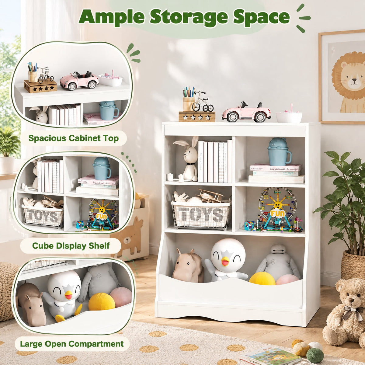 Airfind 3-Tier Childrens Multi-Functional Bookcase Toy Storage Bin Floor Cabinet, 66 lbs Capacity, MDF Engineered Wood Frame, White