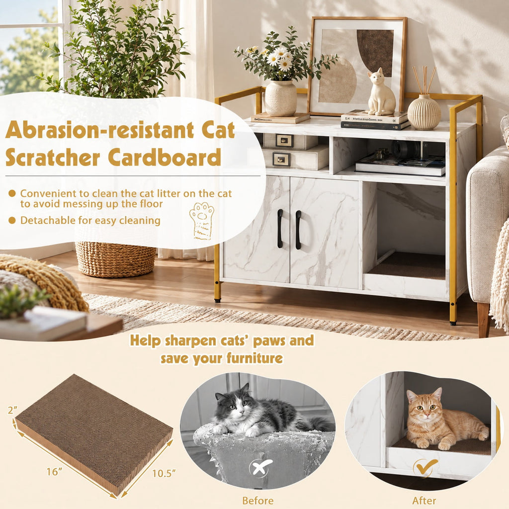 Airfind Hidden Cat Washroom with Double Doors and Scratch Cardboard, MDF Metal Frame, 35 x 17.5 x 29.5 Compartment Footprint, White