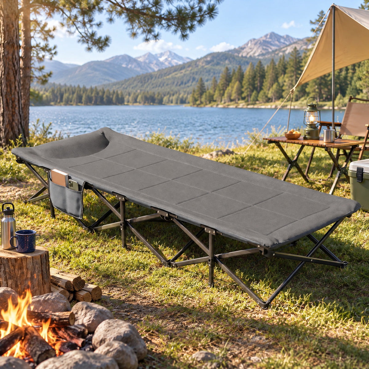 Airfind Camping Cot with Padded Pillow and Storage Pouch for Camping Travel, 600 lbs Capacity, Polyester Fabric Oxford Cloth Cotton Metal Frame