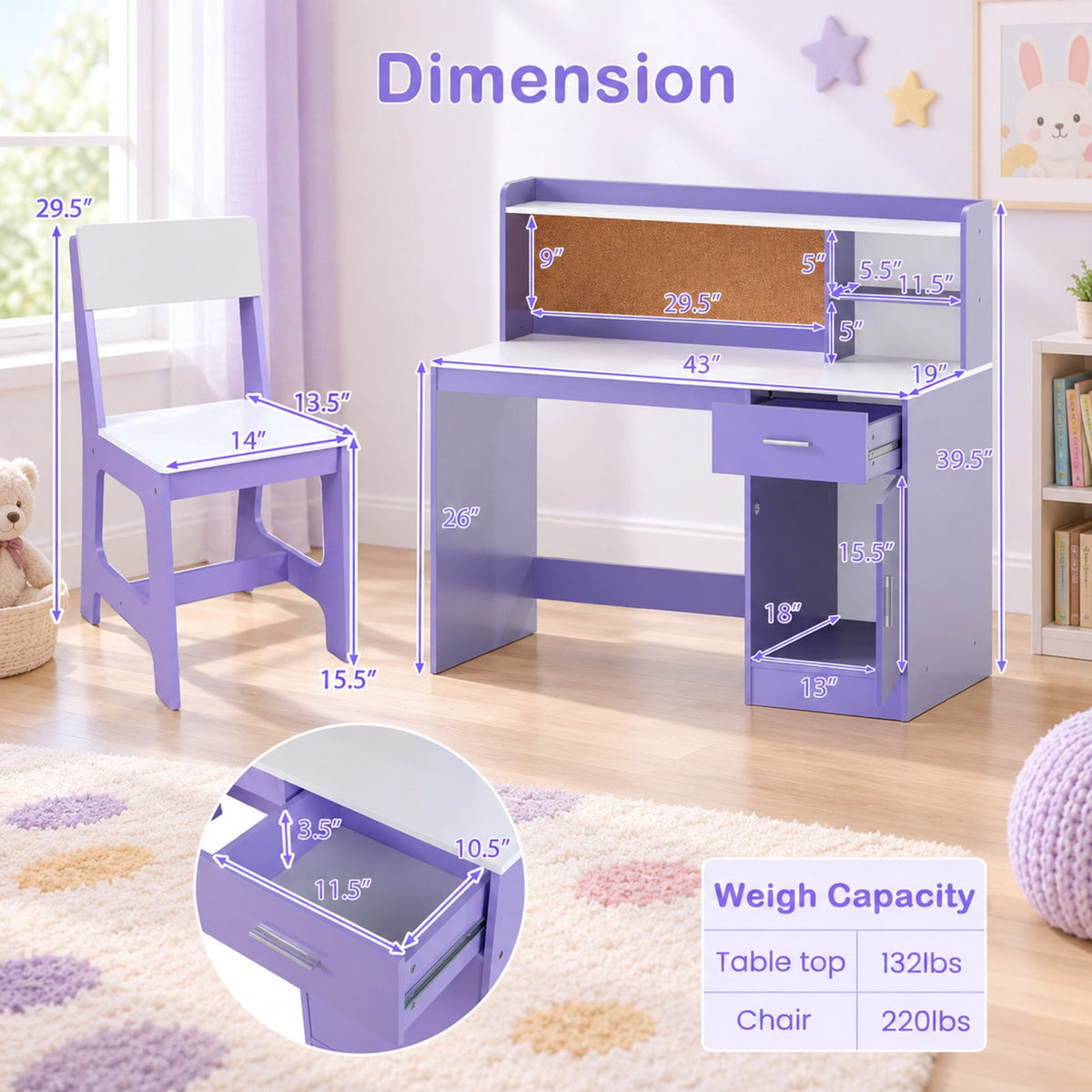 Airfind Youth Study Desk and Chair Set Student Table and Chair, 132 Lbs Capacity, Mdf, for 3 and Years Old, 43 Inch X 19 Inch X 39.5 Inch, Purple