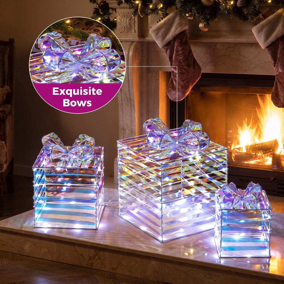 Airfind Set of 3 Christmas Lighted Gift Boxes with Bows and Plug, PVC Metal Frame, 10 Inch x 10 Inch x 10 Inch Footprint, of Light White