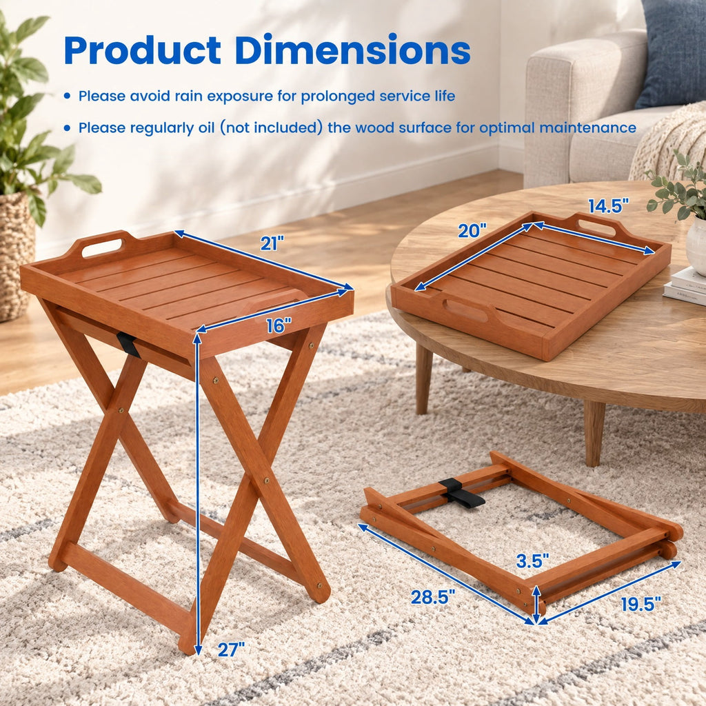 Airfind Outdoor Wood Tray Table Portable Side End Table with Folding Frame, 55 lbs Capacity, Wood Polyester Frame, 16 x 21 x 27 Footprint, Wood