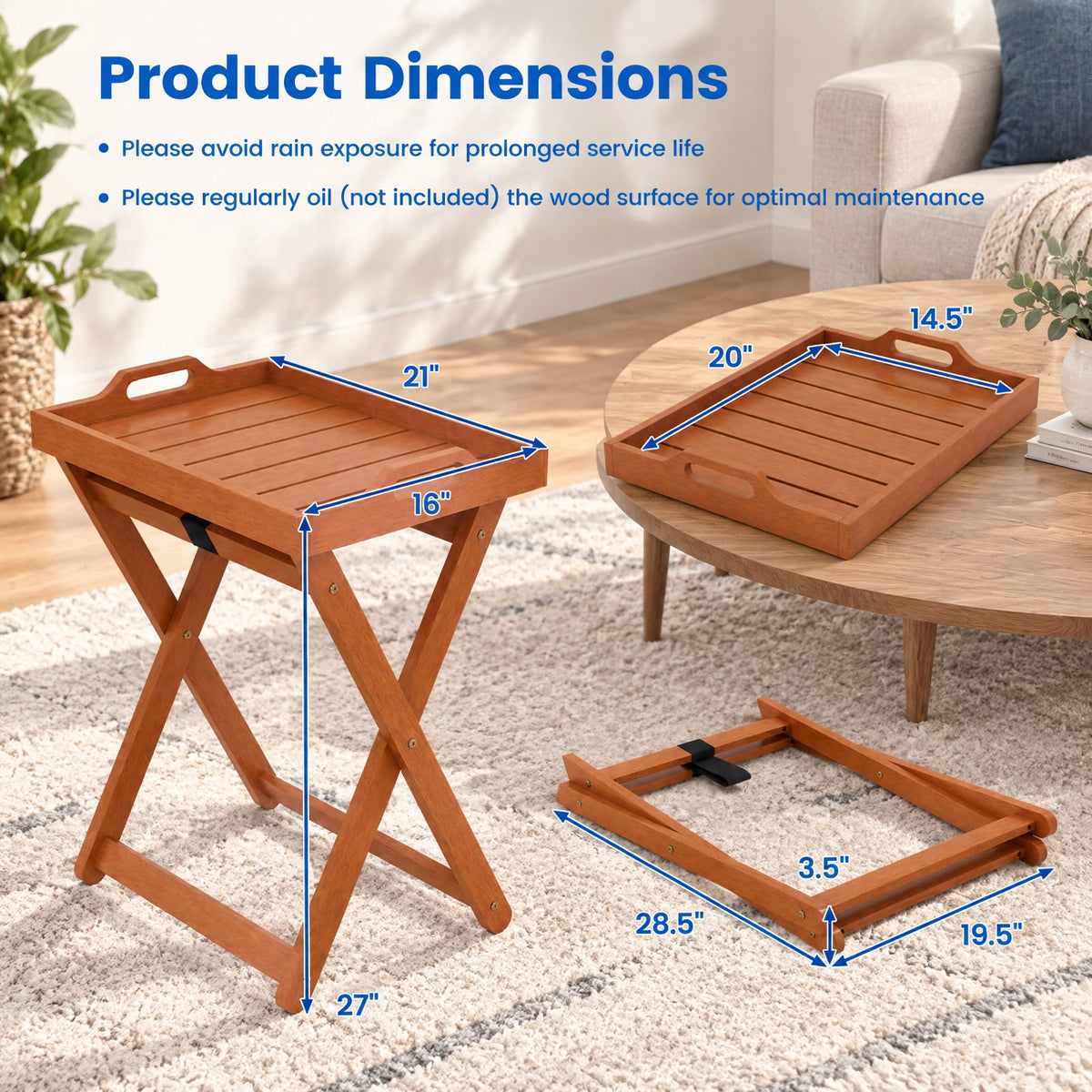 Airfind Outdoor Wood Tray Table Portable Side End Table with Folding Frame, 55 lbs Capacity, Wood Polyester Frame, 16 x 21 x 27 Footprint, Wood