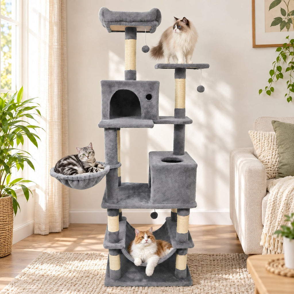 Airfind 66 Inch Tall Cat Tree Multi-Level Cat Tower with 2 Condos Sisal Scratching Posts, 33 lbs Capacity, Light Gray
