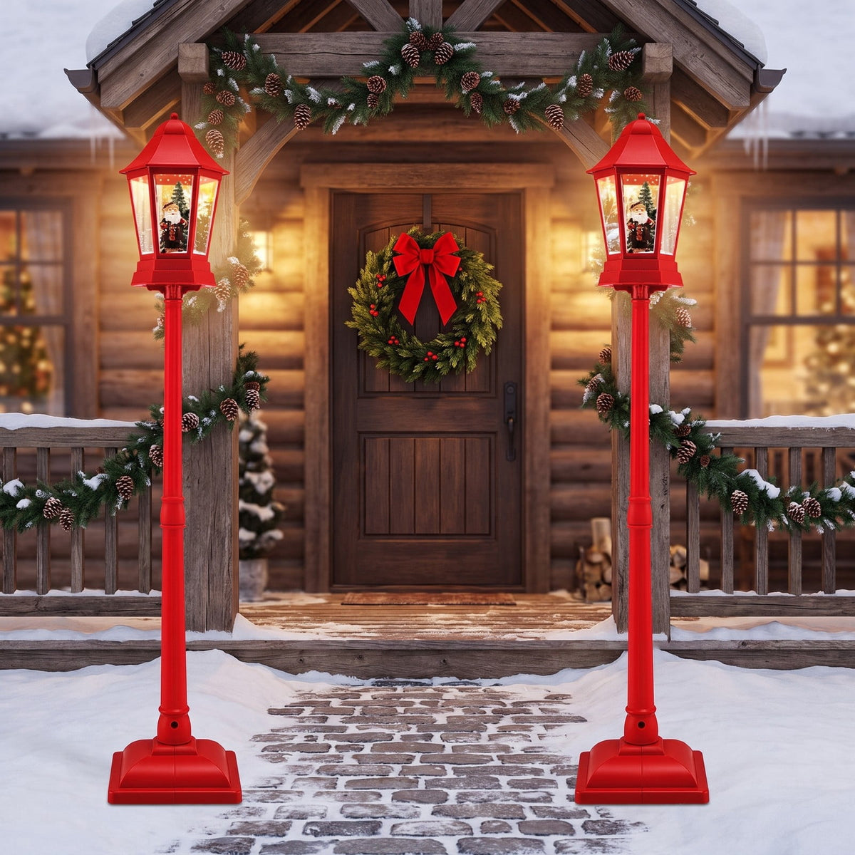 Airfind 5.3 Feet Musical Christmas Street Lamp featuring 60 Warm White LED Lights, ABS PP PVC, 12.5 Inch x 12.5 Inch x 64 Inch Lantern, Red
