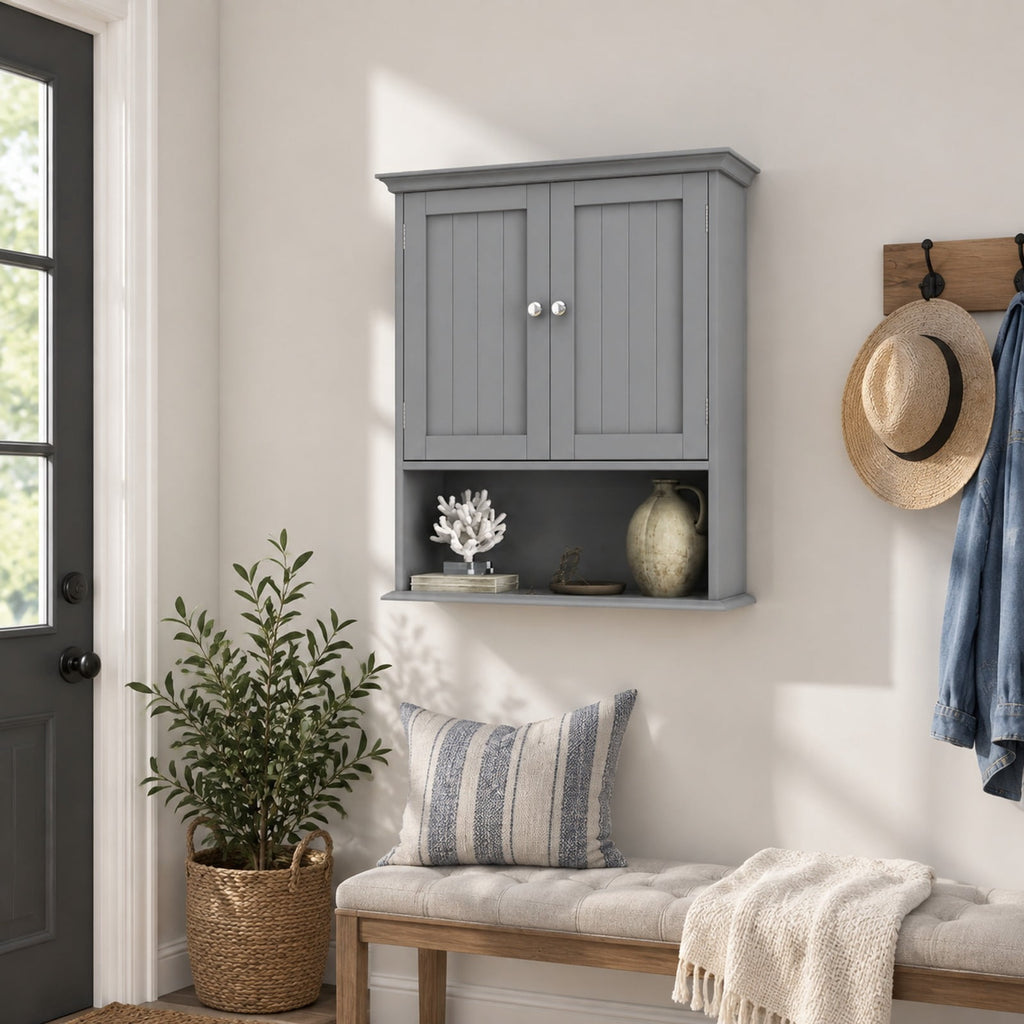 Airfind Wall Mount Bathroom Cabinet, Storage Organizer with Doors and Shelves, MDF Metal Frame, Overall dimension 23.5 Inch x 7.5 Inch x 28 Inch, Gray