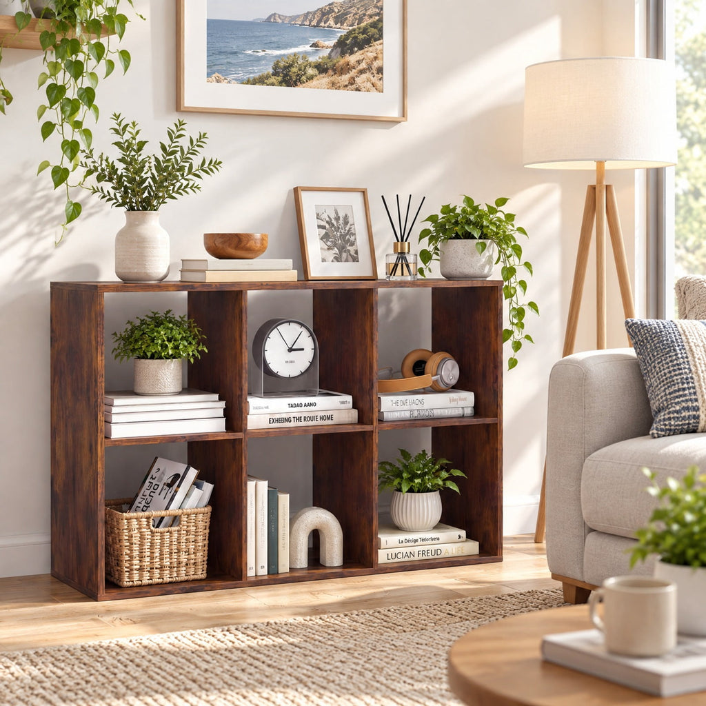 Airfind 6 Cube Bookshelf with Back Guardrail for Living Room Bedroom, 154 lbs Capacity, Engineered Wood Frame, 41 Inch x 13 Inch x 27.5 Inch Footprint, Brown