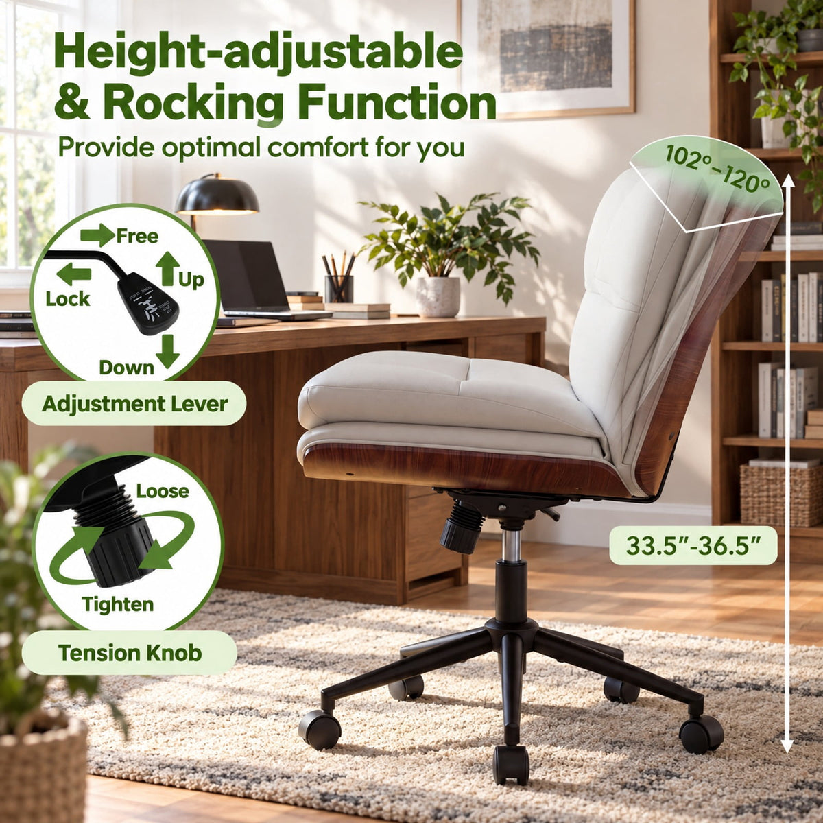Airfind Armless Office Chair with Curved Backrest and Padded Seat, 245 lbs Capacity, Faux Leather Sponge Metal Plywood Frame, White