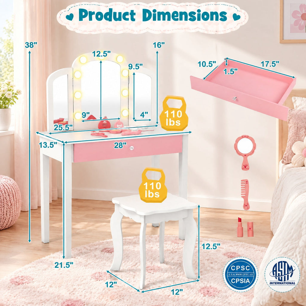 Airfind 2-in-1 Kids Vanity Table Set with Tri-Folding Detachable Mirror and Lights, 110 lbs Capacity, MDF Pine Wood Acrylic Frame, Footprint, White