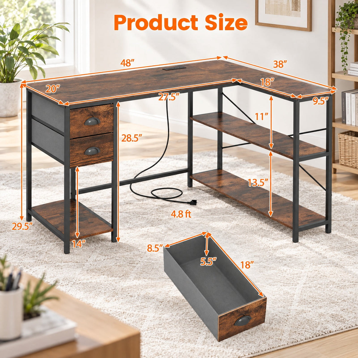 Airfind L Shaped Desk with Charging Station Corner Computer Desk with 2 Fabric Drawers, 110 lbs Capacity, Engineered Wood Metal Fabric Frame, Brown