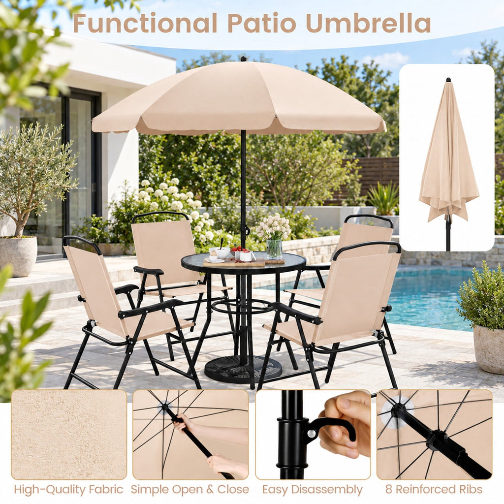 Airfind 6 Pieces Patio Dining Set with Umbrella and 4 Folding Armchairs, 165 lbs Capacity, Metal Fabric Frame, 23 x 21.5 x 34 Footprint, Beige