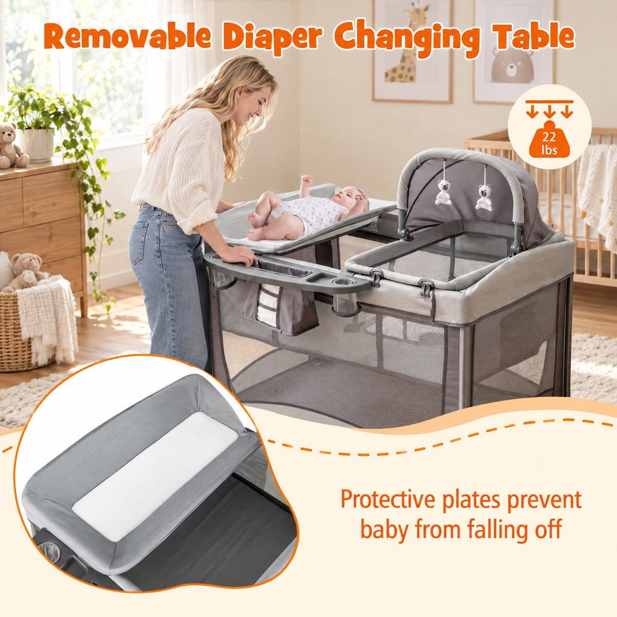 Airfind 5-in-1 Portable Child Playard with Cradle and Storage Basket, 33 Lbs Capacity, Polyester Fabric Sponge Iron PP Basic Child Playard, Gray