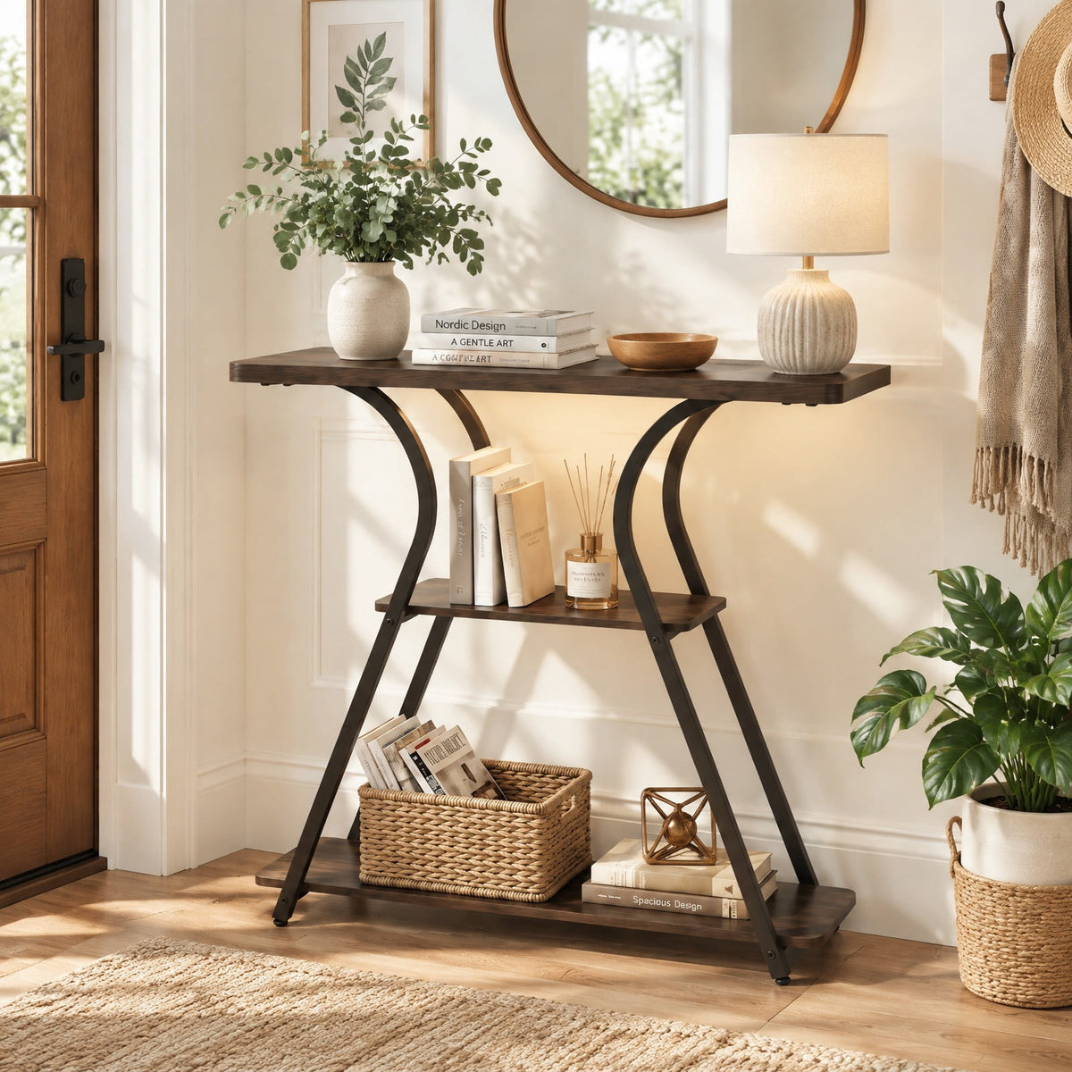 Airfind 32 Inch Narrow Long Entryway Table with Power Outlets and LED Lights, 88 lbs Capacity, Engineered Wood Metal Frame, Brown