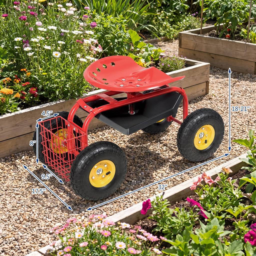 Airfind Red/Green Garden Cart Rolling Work Seat With Heavy Duty Tool Tray Gardening Planting, 33 x 16 x 22 Footprint, Red