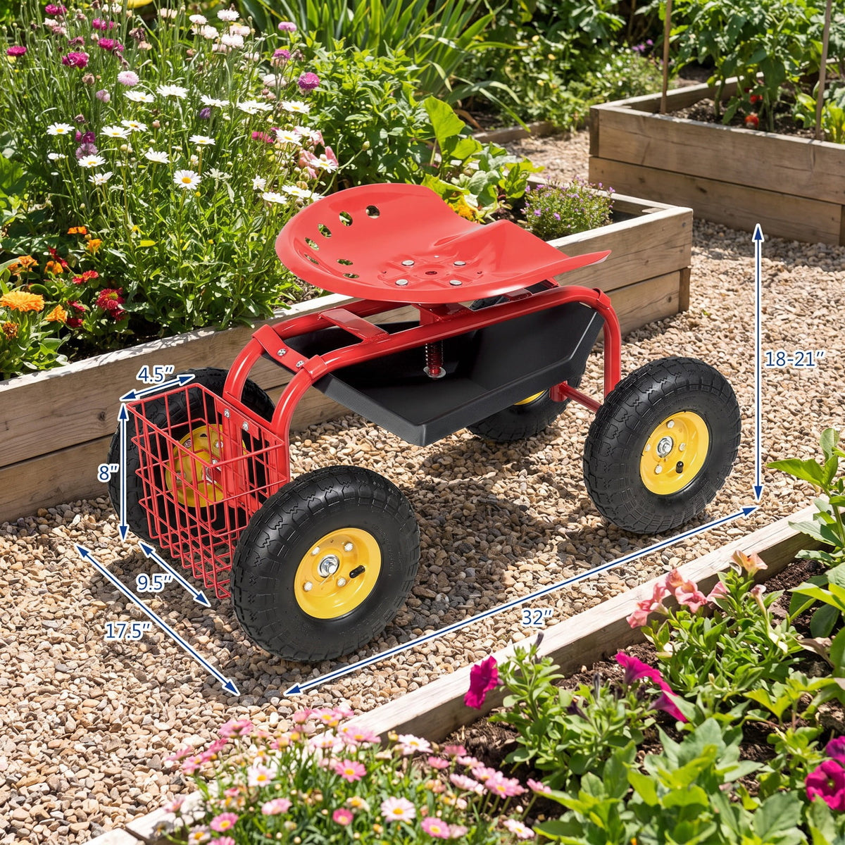 Airfind Red/Green Garden Cart Rolling Work Seat With Heavy Duty Tool Tray Gardening Planting, 33 x 16 x 22 Footprint, Red