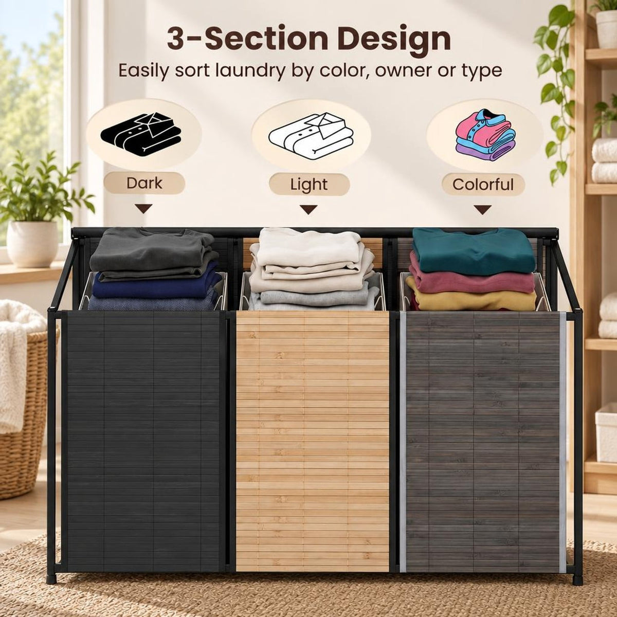 Airfind 21.4 Gal Laundry Hamper with Lid 3-Section with 2 Lockable Wheels, 11 lbs Capacity, Bamboo Metal Oxford Cloth Frame, Gray