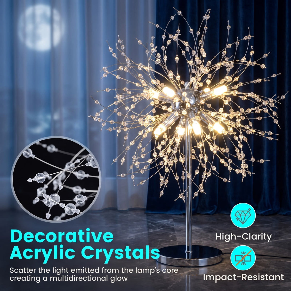 Airfind 63-Inch Crystal Floor Lamp with Acrylic Crystals, Metal Acrylic Stainless Steel Frame, 11in x 63in Cord Length 6.9 ft Footprint, Gold
