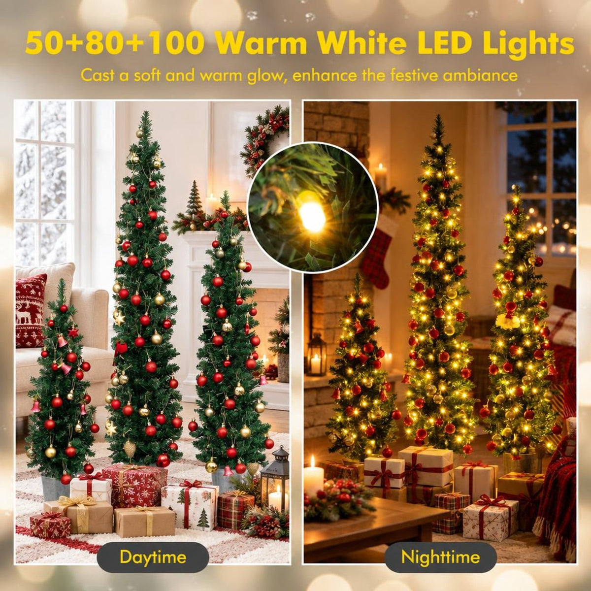 Airfind Set of 3 Pre-Lit Artificial Christmas Trees with 230 Warm White LED Lights, PVC Tree Height 3 ft Tree Width 10 Inch Frame, White