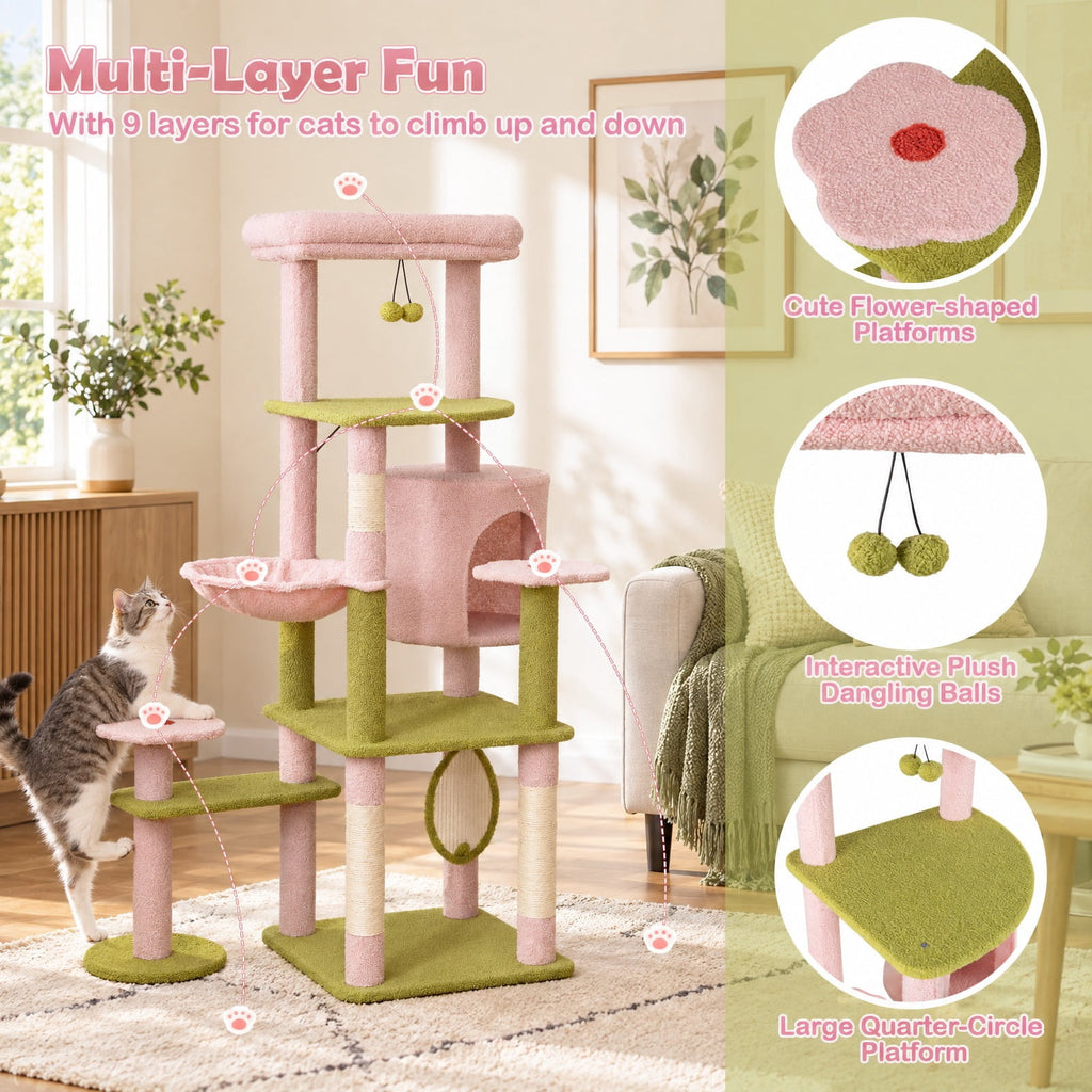 Airfind 58 Inch Tall Multi-Level Cat Tree Aesthetic Floral Kitten Tower, Teddy Plush Fabric Sisal Engineered Board Frame, Pink