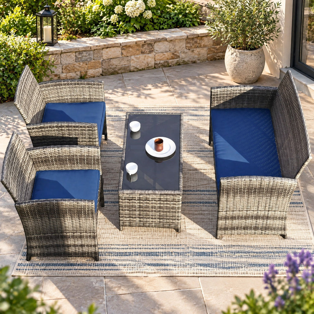 Airfind 4 Pieces Patio Rattan Furniture Set with Glass Table and Loveseat, PE Rattan Polyester Fiber Steel Sponge Single Sofa Frame, Navy