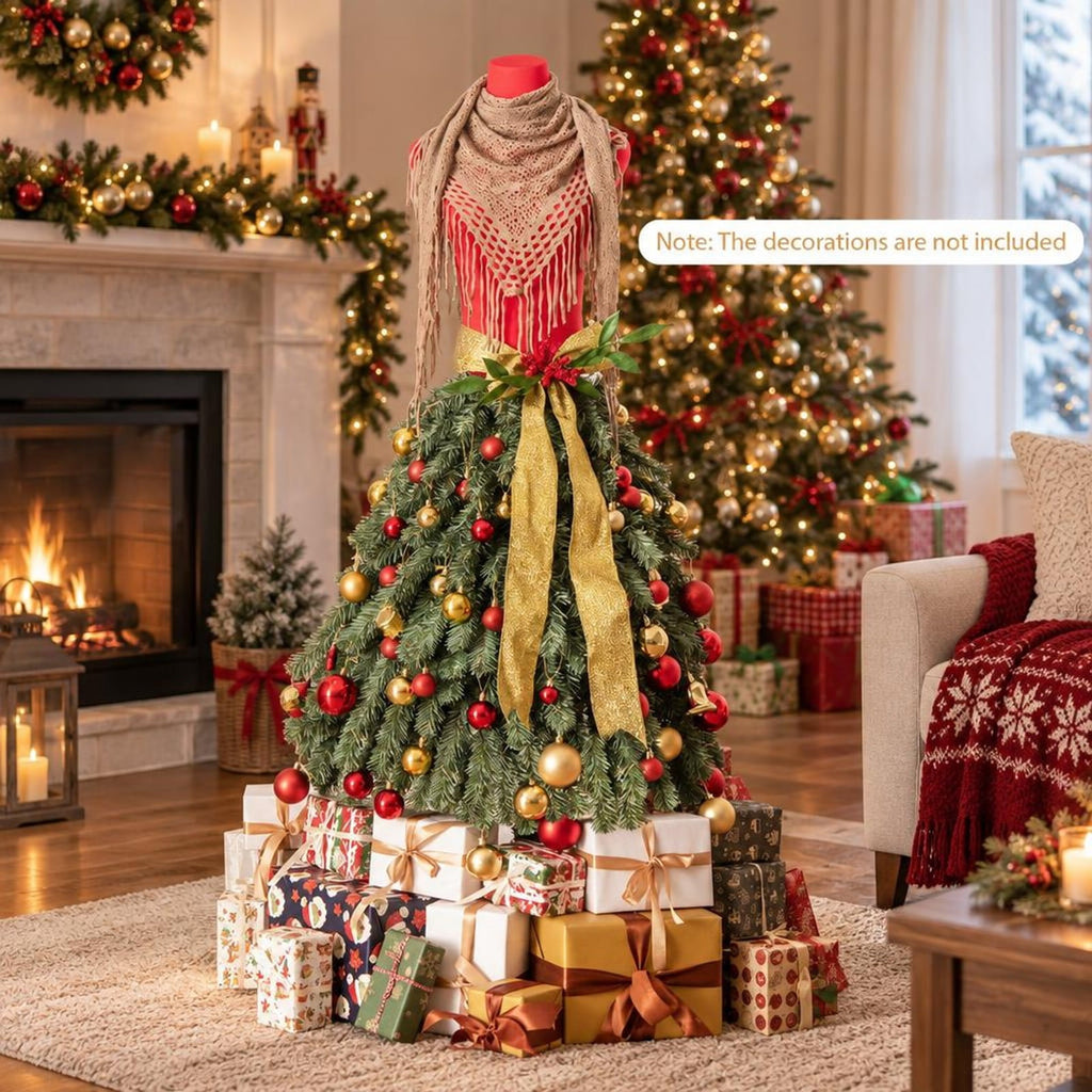 Airfind 5 FT Pre-lit Mannequin Artificial Christmas Tree Dress Form Xmas Tree, PVC Metal Tree Height 5 ft Tree Width 2.7 ft Frame, Green Red
