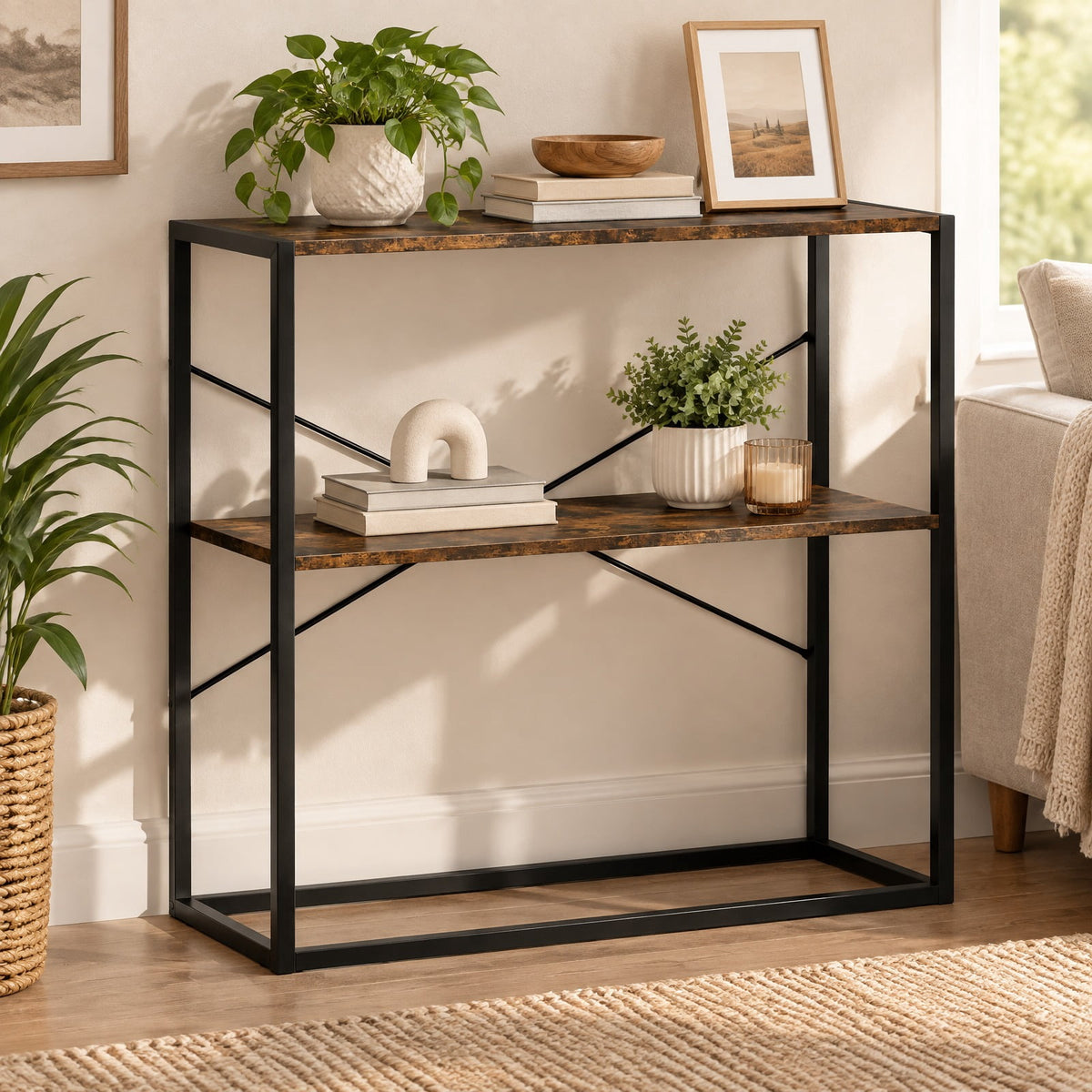 Airfind 36 Console Table 2-Tier Entryway Table with Wooden Open Shelves and Metal Frame, 66 lbs Capacity, Engineered Wood Metal Frame, Brown