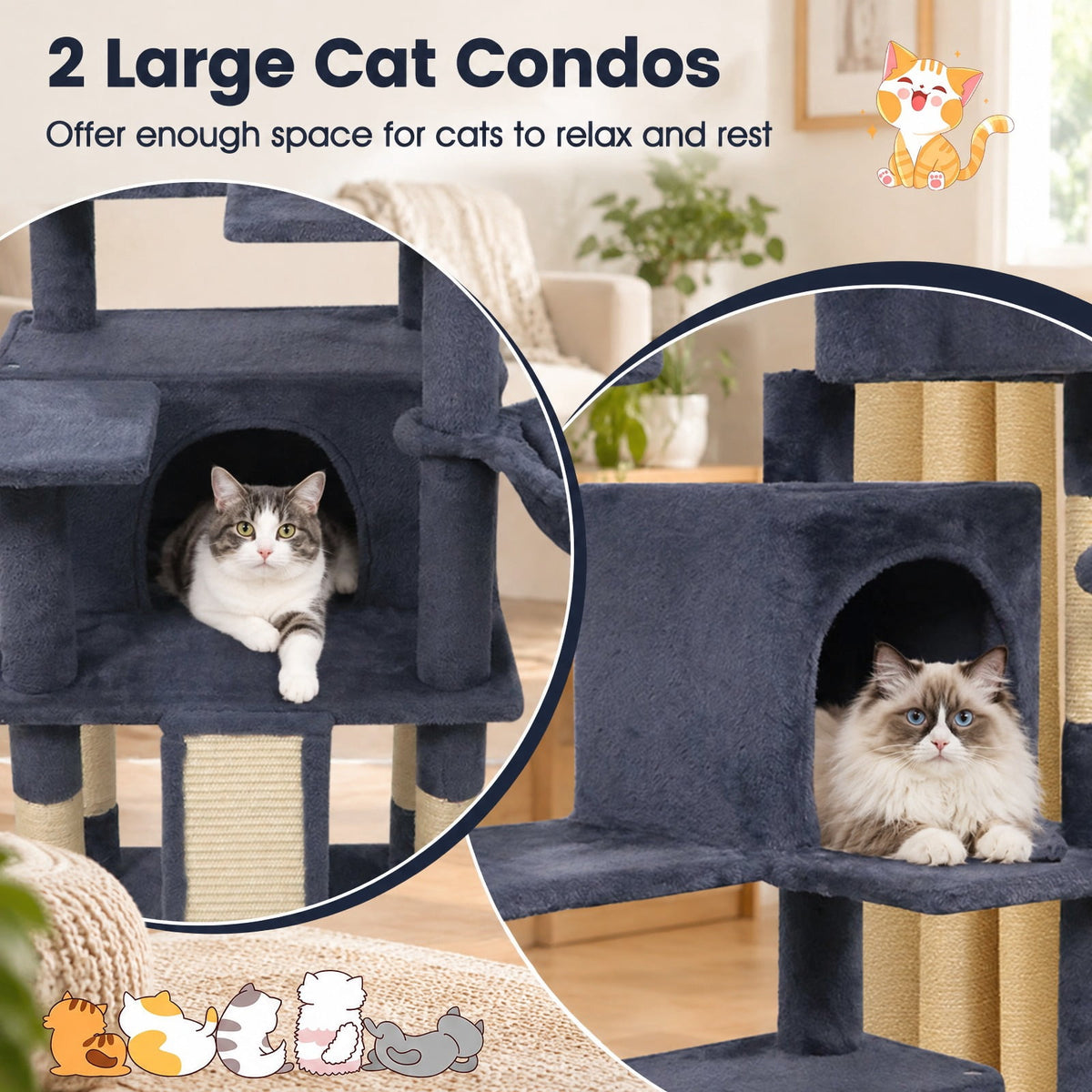 Airfind 65 Inch Tall Multi-level Cat Tree with 3 Upholstered Perch and 2 Cat Condos, Fabric Sisal Engineered Wood Overall Height 65 Inch Base Frame