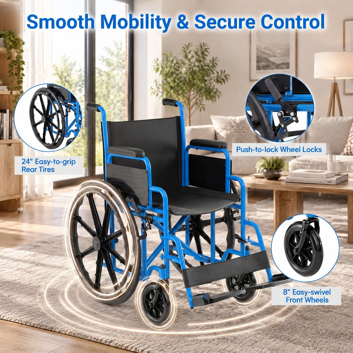 Airfind Lightweight Folding Wheelchair for Adults with Swing-Away Footrest and Desk Arm, 330 lbs Capacity, Metal Faux Leather Nylon Plastic Frame