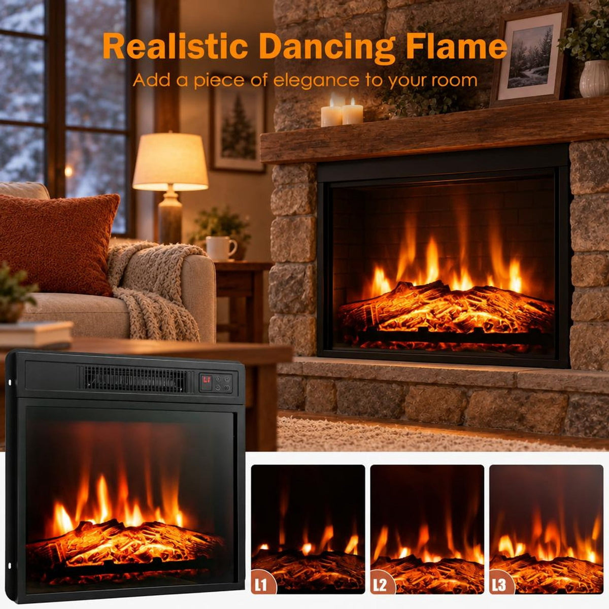 Airfind 18 Inch Electric Fireplace Inserted with Adjustable LED Flame, Iron glass Frame, 3-level adjustable 3D realistic flame effects