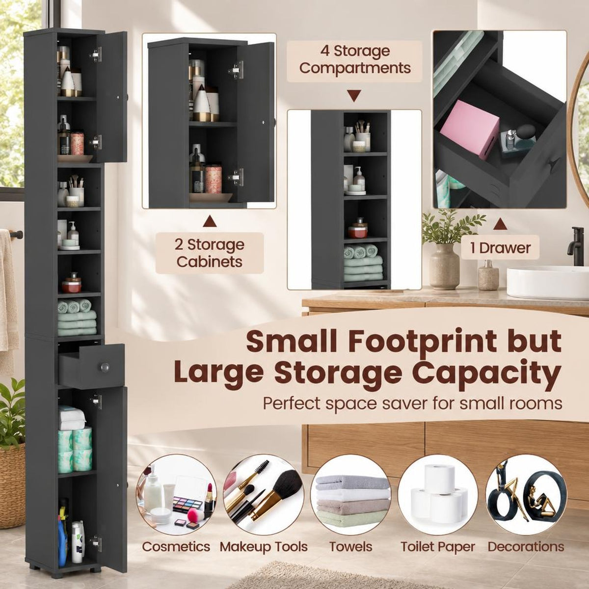 Airfind Freestanding Slim Bathroom Cabinet with Drawer and Adjustable Shelves, 110 lbs Capacity, MDF Frame, 8in x 8in x 71in Total Footprint, Gray