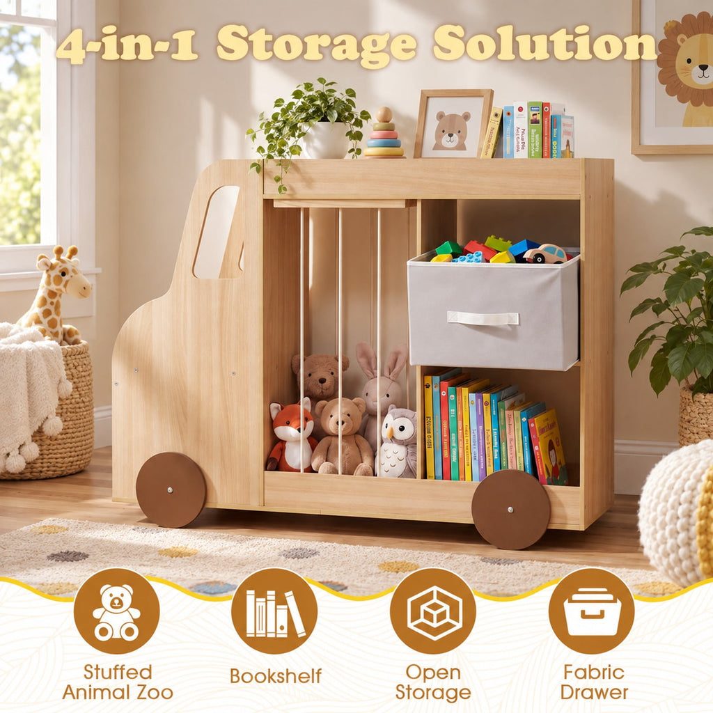 Airfind Toy Storage Organizer with Stuffed Animal Storage Fabric Drawer and Universal Wheels, 35 lbs Capacity, for 3+ Years Old, Natural